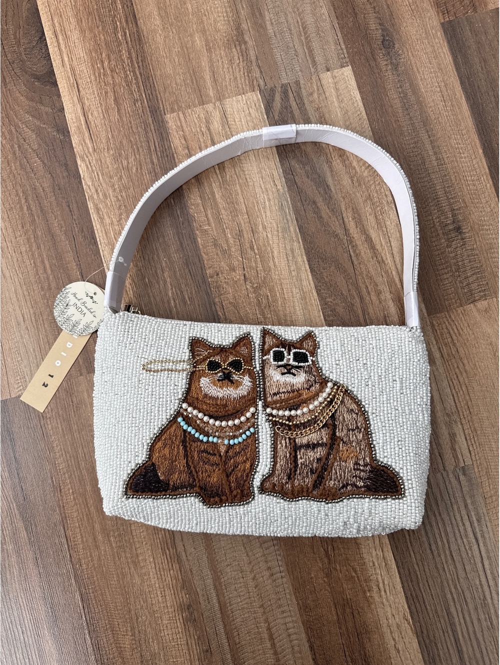Studio 12 Hand Beaded Cat Shoulder Bag White Brown Novelty Purse NWT